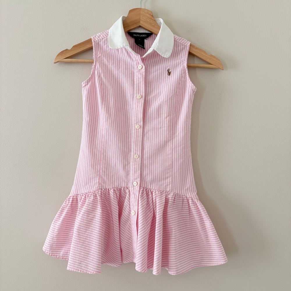 Ralph Lauren Girls Dress Size 5 Pink Striped Sleeveless Ruffle Hem Cotton Oxford